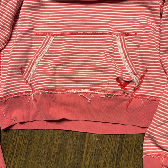 American Eagle Small Hoodie Sweatshirt Pink White Stripe Distressed 100% Cotton - Picture 3 of 6